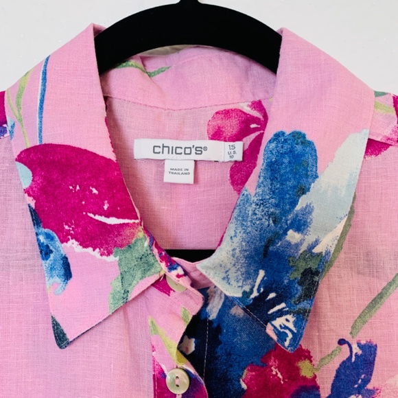 Chico's Linen Button Up Shirt Size 10 Pink Floral Tropical Hawaiian Vacation - Picture 2 of 11